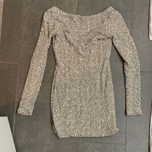 Olivaceous Glittering Silver Long Sleeve Dress